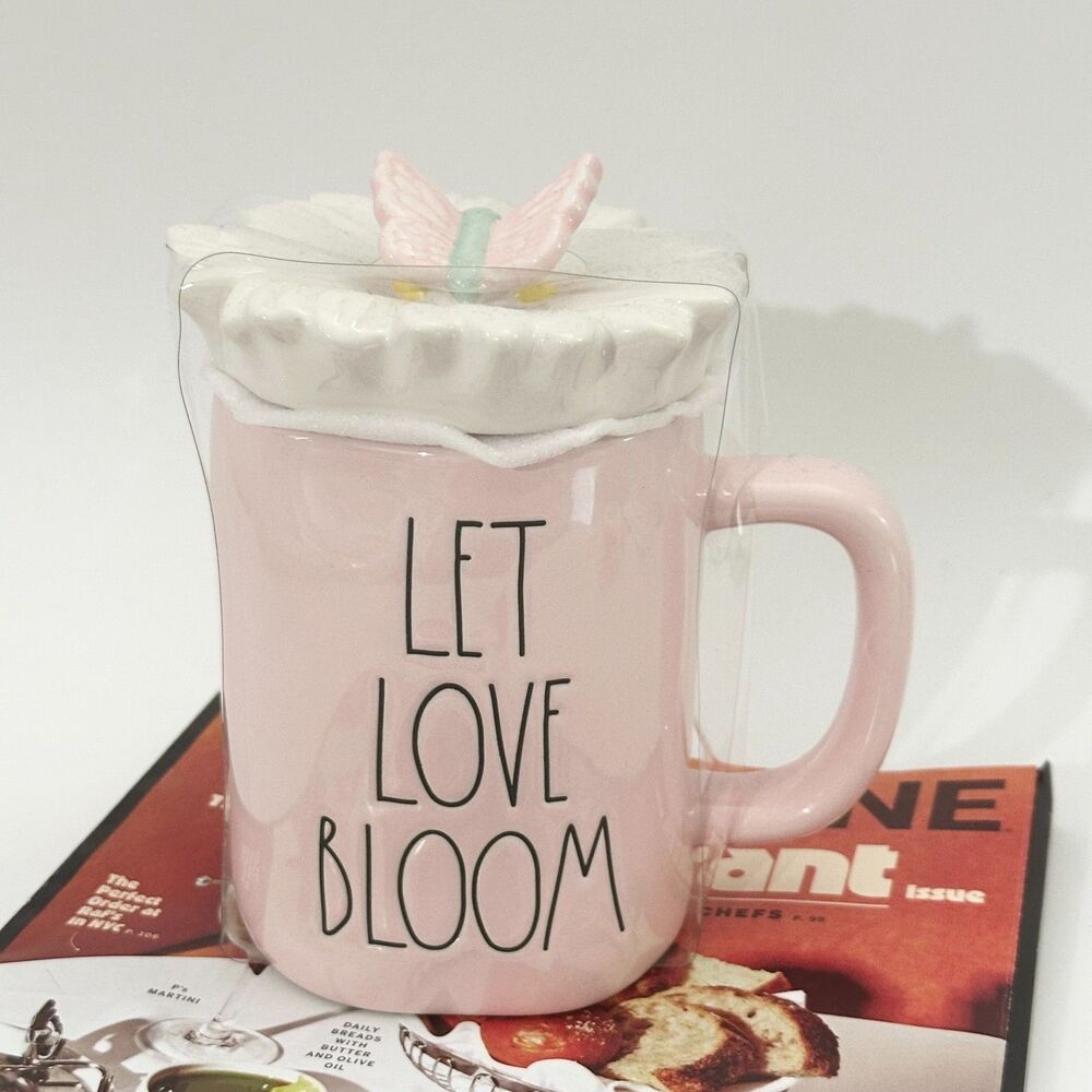 RAE DUNN LET LOVE BLOOM COFFEE MUG WITH TOPPER
